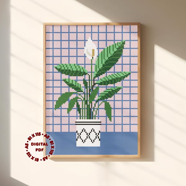 Peace Lily House Plant Cross Stitch Pattern (Needlepoint Compatible), Instant Do