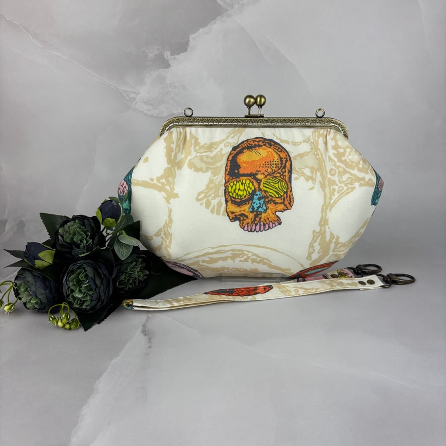 Skulls medium clutch bag, Detachable strap, Handmade