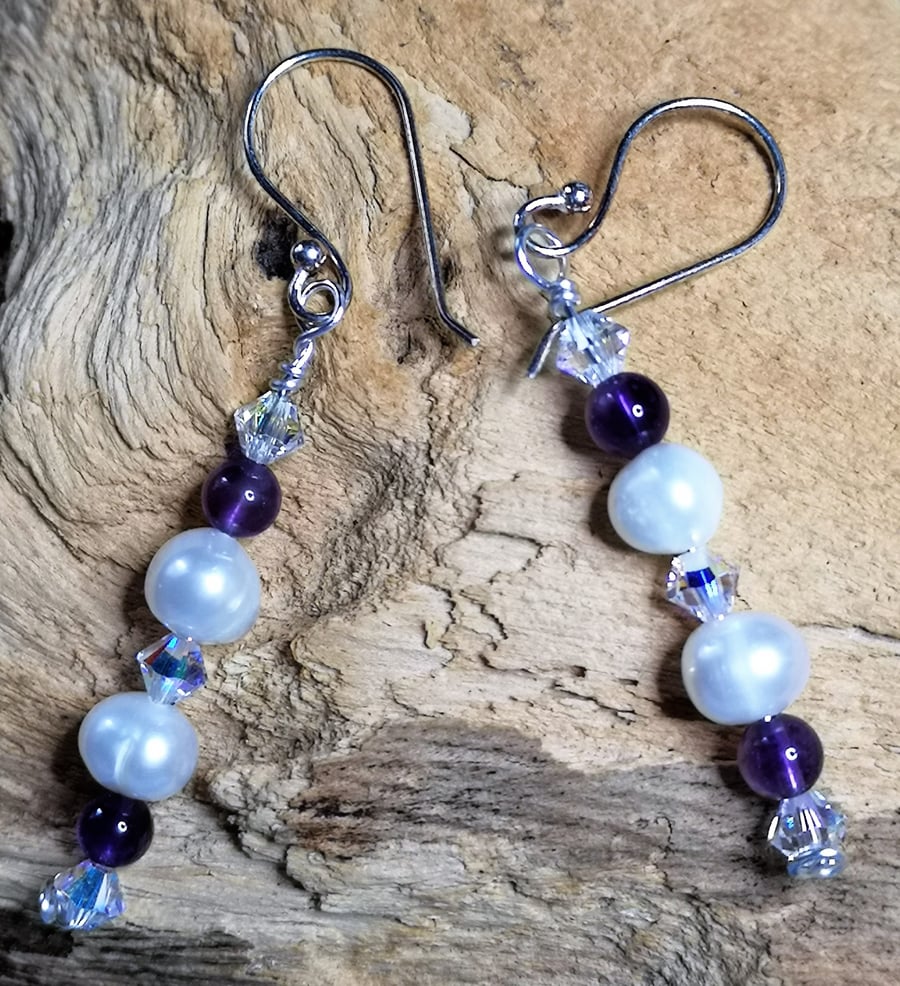 White cultured freshwater pearl earrings with amethyst and crystrals