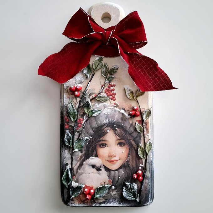 Christmas Wooden Decorative Board, Winter Girl & Bird Decoupage Decor