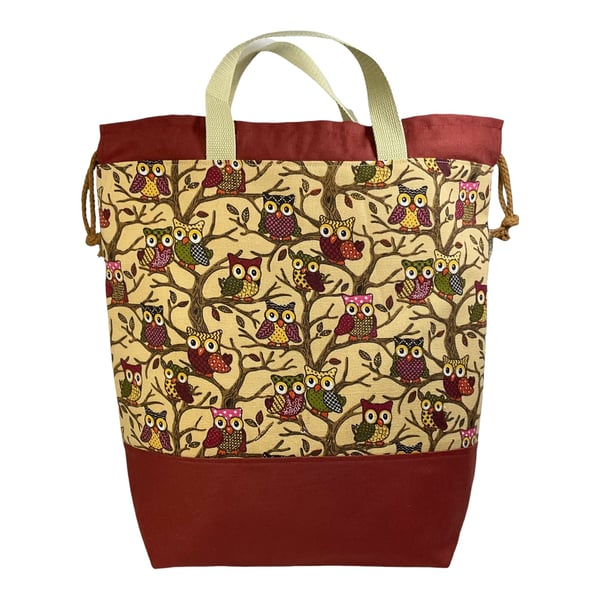 Extra Large canvas drawstring knitting bag with Owls print, multi pockets projec