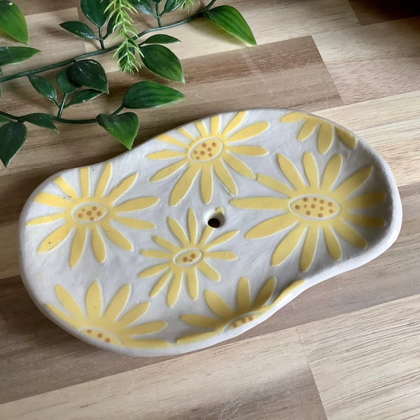 Handmade stoneware sgraffito Yellow daisy soap dish