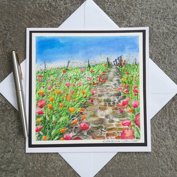 Blank Card Watercolour Painting. Summer Garden. Large Card.