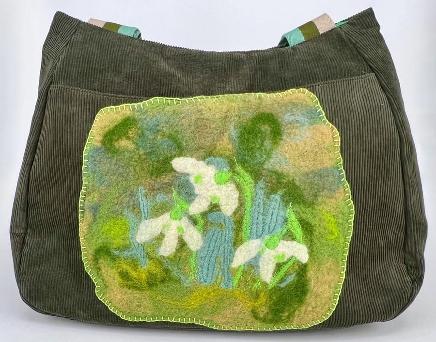 Handmade olive green fully lined cord hobo bag with hand felted floral patch