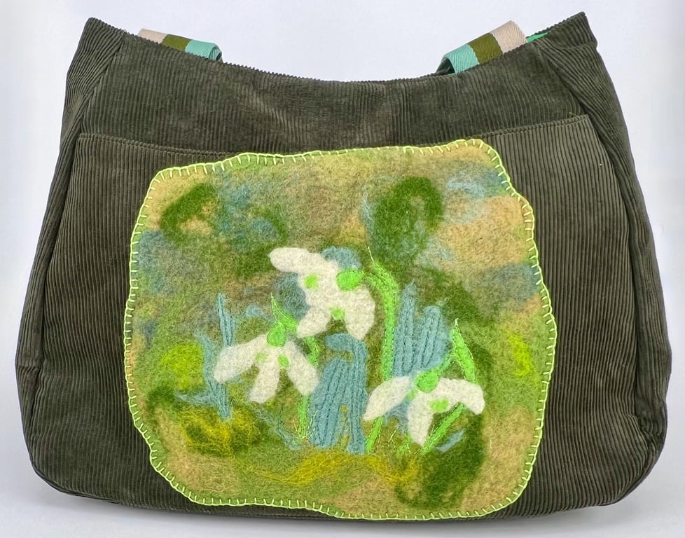 Handmade olive green fully lined cord hobo bag with hand felted floral patch