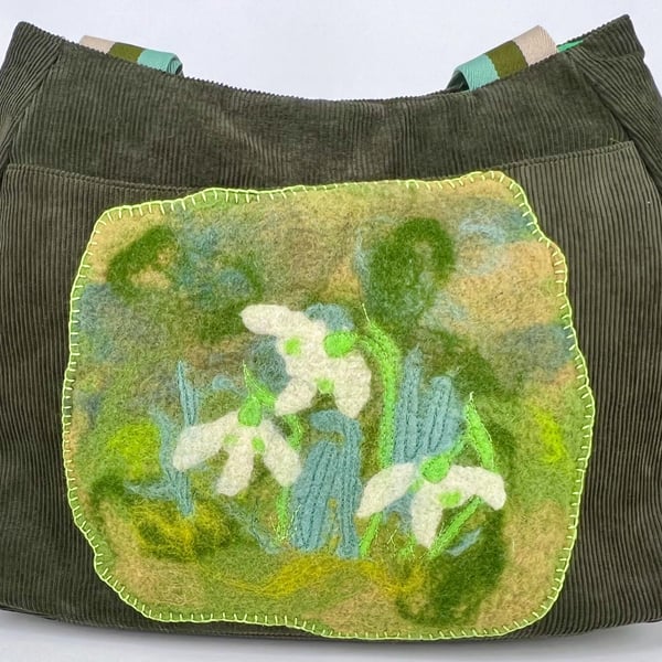 Handmade olive green fully lined cord hobo bag with hand felted floral patch