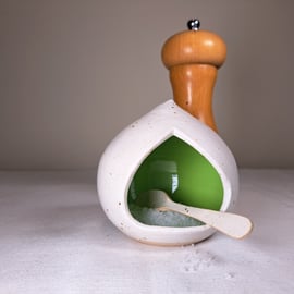 SMALL SALT PIG - glazed in lime green and cream with a spoon