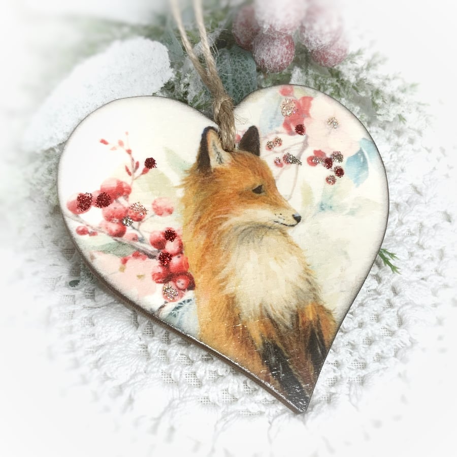 Fox and Berries Christmas Decoration, Decoupage  Heart Ornament 