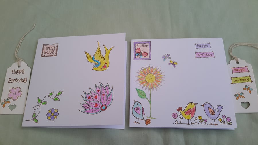 Pack of 2 Cards & Gift Tags, Birthday, General, hand printed cards & Tags