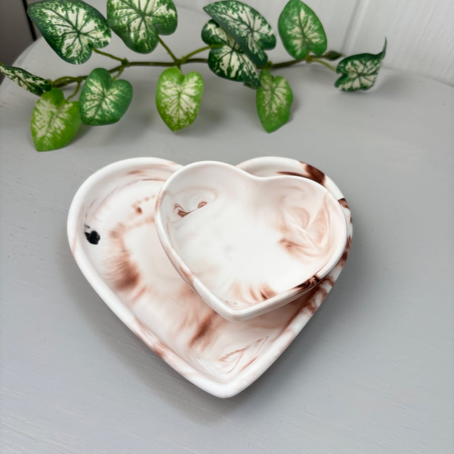 Set of 2 Blush Marbled Heart Trinket Dishes & Jewellery Trays