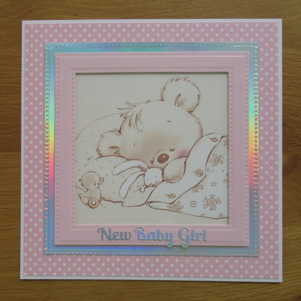 Baby Bear Tucked Up In Bed - Baby Girl Large Card (19x19cm)