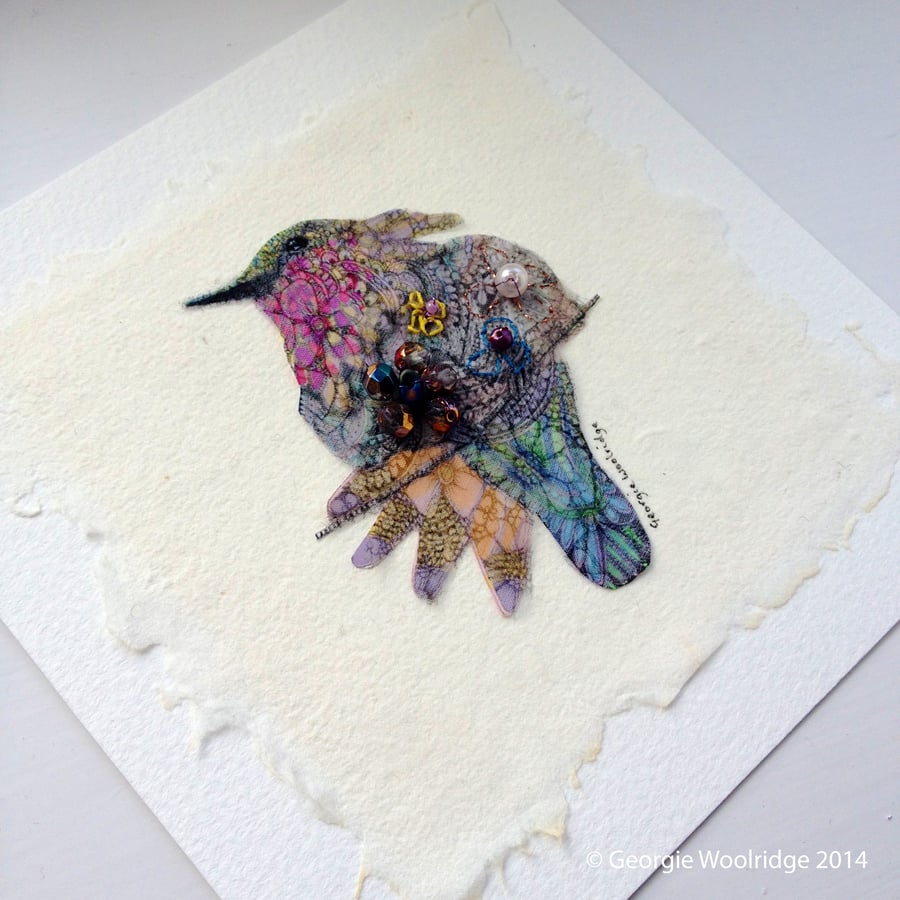 'Beaded Hummingbird' stitched artwork