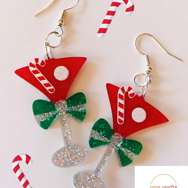 Fun Sparkly Cocktail Glass Christmas Earrings -  Quirky Gift Idea