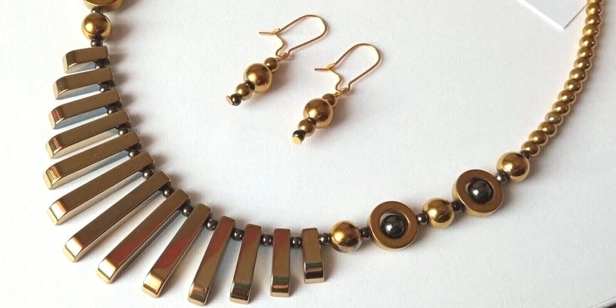 Gold Hematite Necklace & Earrings Gift Set Metallic Gold Plated Tapered