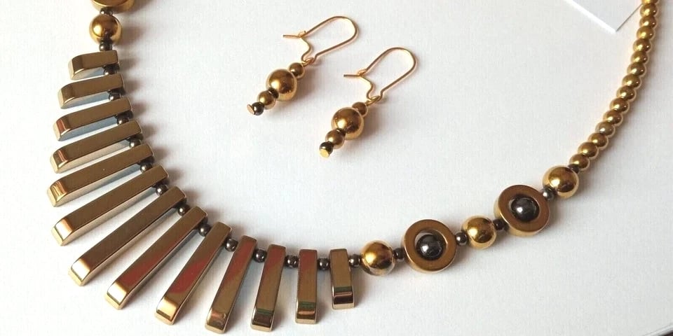 Gold Hematite Necklace & Earrings Gift Set Metallic Gold Plated Tapered