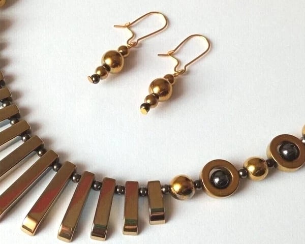 Gold Hematite Necklace & Earrings Gift Set Metallic Gold Plated Tapered