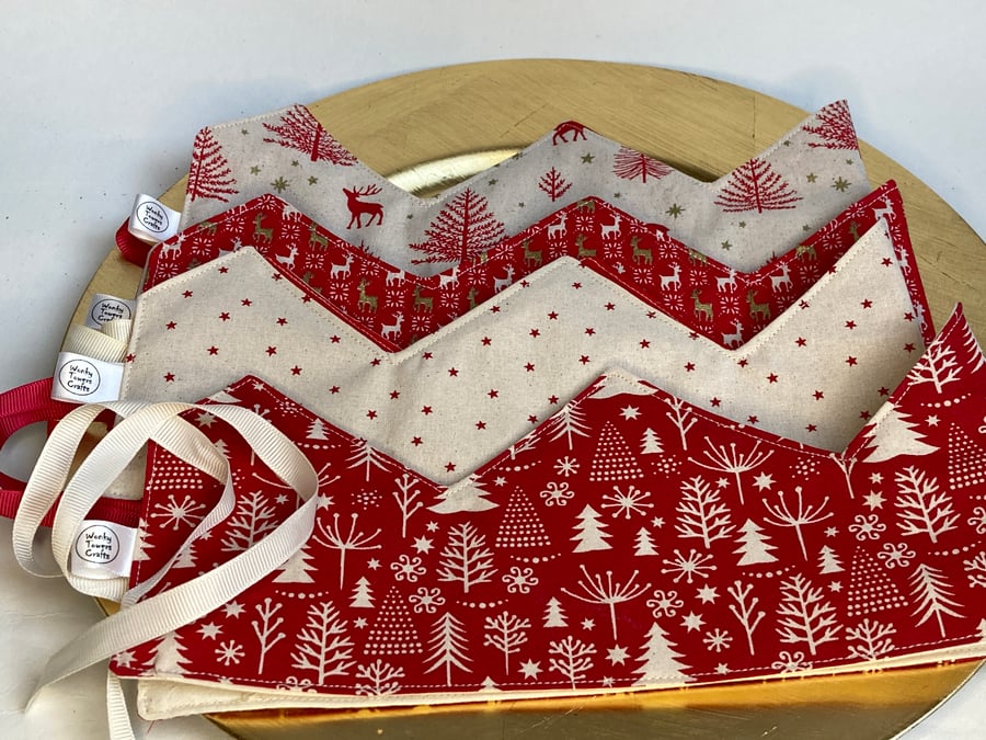 4 Reusable Christmas party crowns in Scandi-style prints with ribbon fastenings