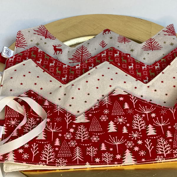 4 Reusable Christmas party crowns in Scandi-style prints with ribbon fastenings