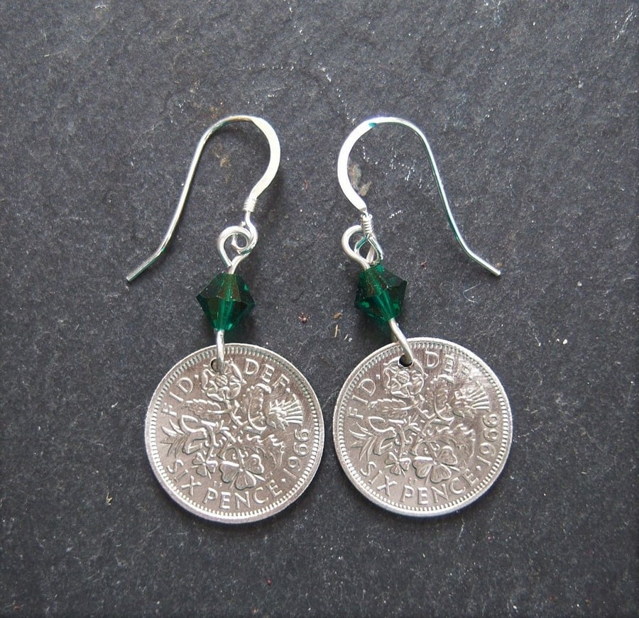 Sixpence coin earrings with green swarovski crystals
