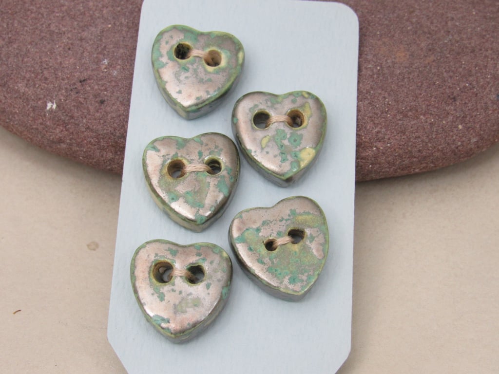 5 Small Heart Shaped Verdigris Green Handmade Ceramic Buttons