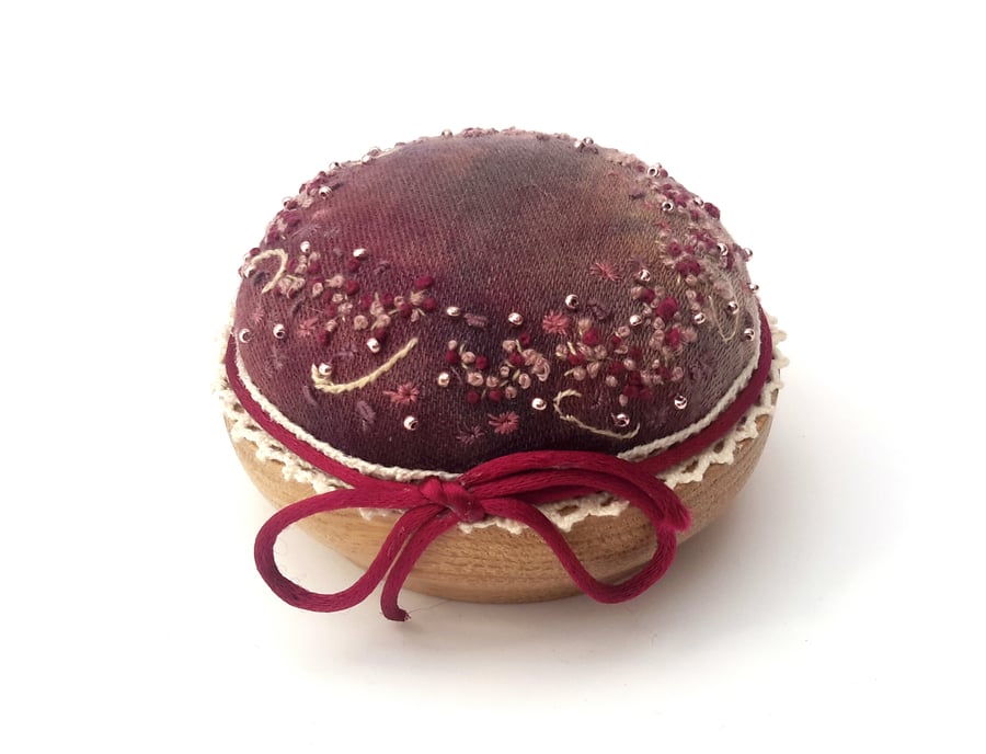 Pincushion,OOAK Hand Embroidered Pincushion on Hand Dyed Silk,Sewing gift.SALE