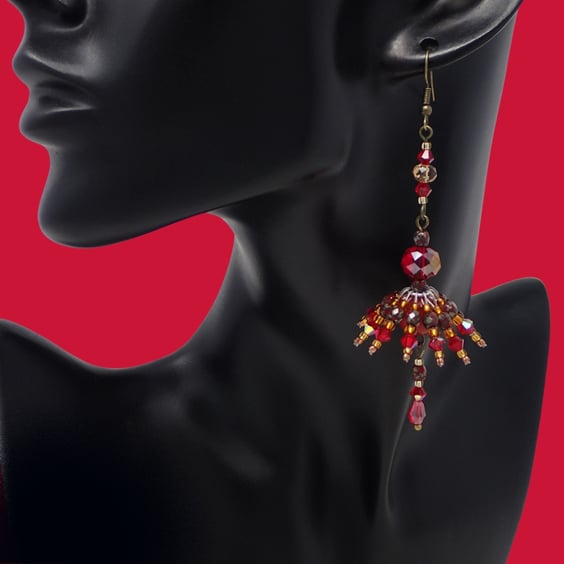 Statement Red Beaded Dangle Earrings with Sparkly Crystals and Gemstone Beads