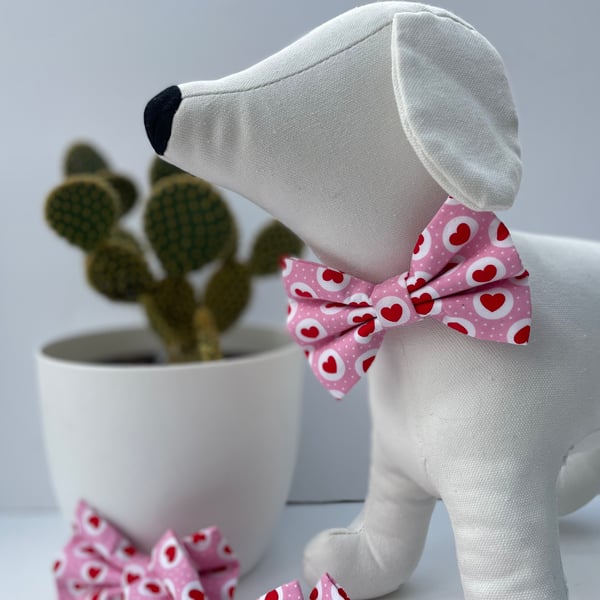 Valentine Pink White Red Heart Dog Bow Tie 