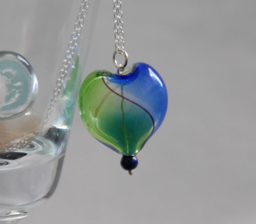 Blue and green blown glass heart silver necklace 
