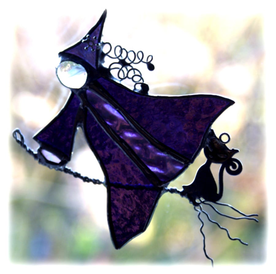 Witch on Broomstick Suncatcher Stained Glass Handmade Cat Magic Spells