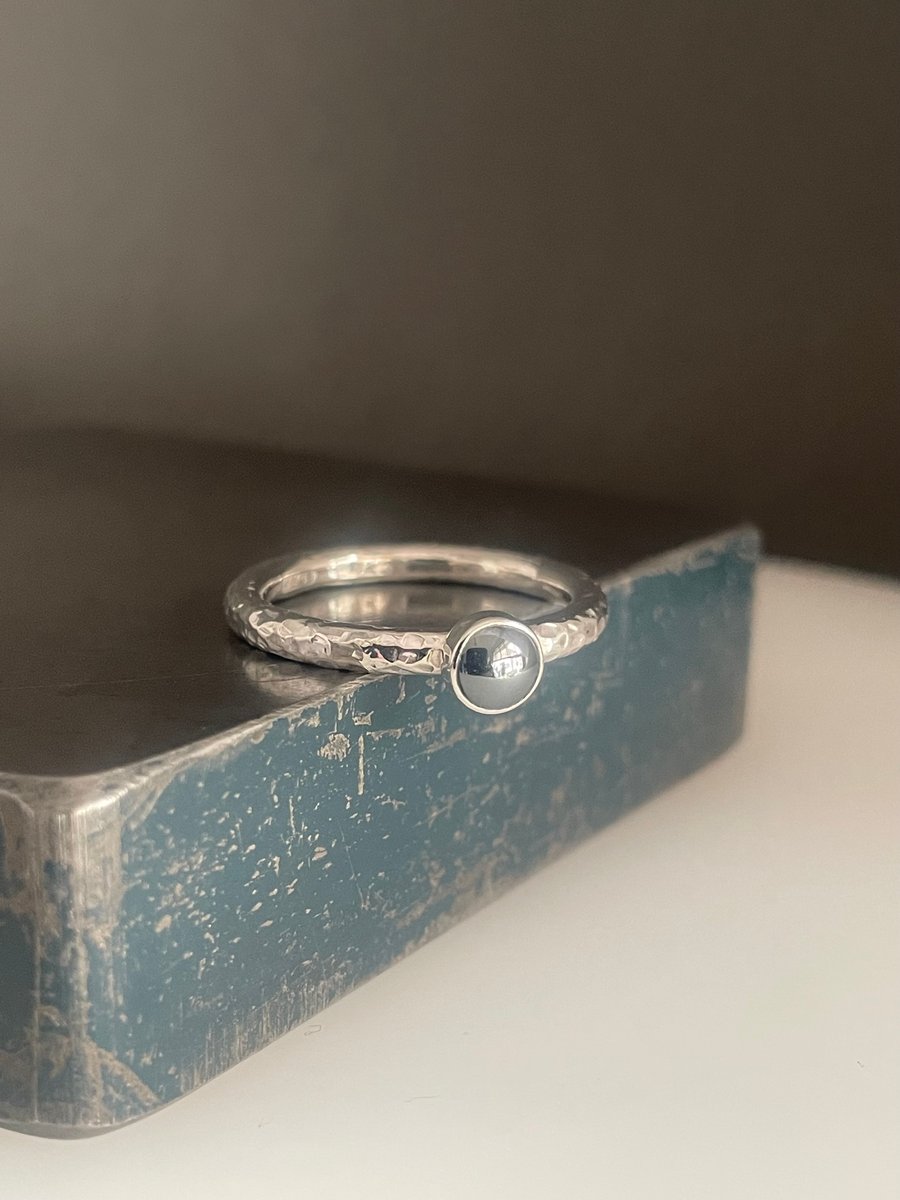 Sterling Silver Hematite Gemstone Ring - Hammered-Sparkly Sizes H-Z Handmade