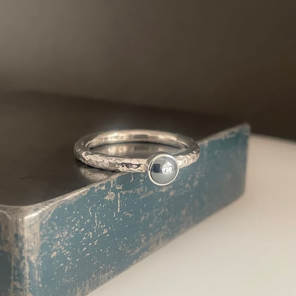 Sterling Silver Hematite Gemstone Ring - Hammered-Sparkly Sizes H-Z Handmade