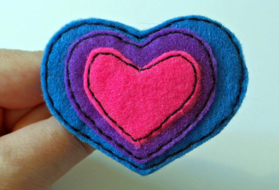 Felt Brooch - Blue purple pink Heart Brooch - Hand Sewn Pin - Mothers day gift