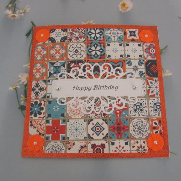 Happy Birthday Card Mosaic Tile inspired Orange & Blue