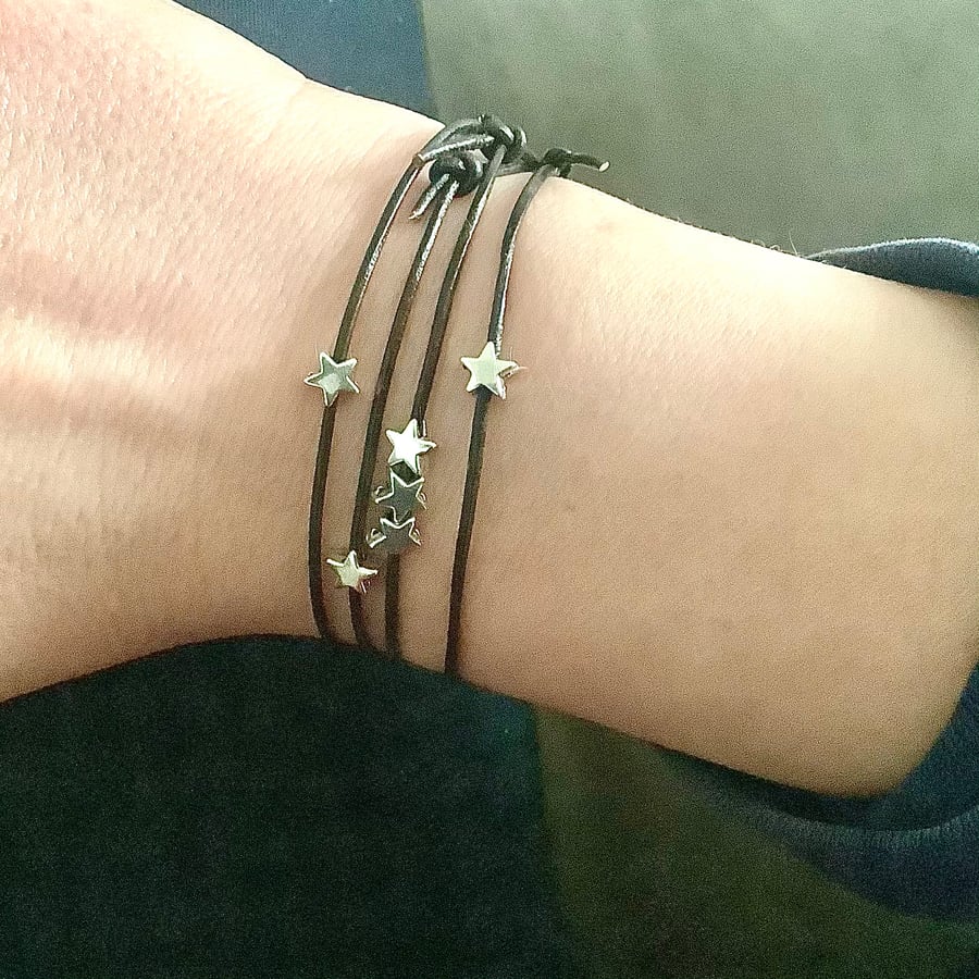 Four Black Leather with Tiny Silver Stars Stacking Friendship Bracelets, 