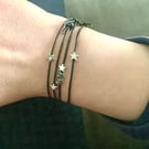Four Black Leather with Tiny Silver Stars Stacking Friendship Bracelets, 
