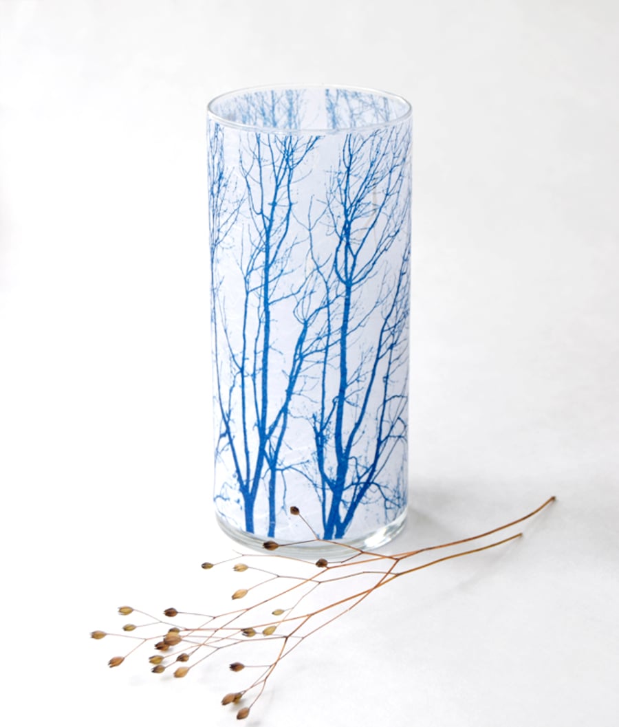 Large Blue and White Cylinder Vase Tree Branch Cyanotype