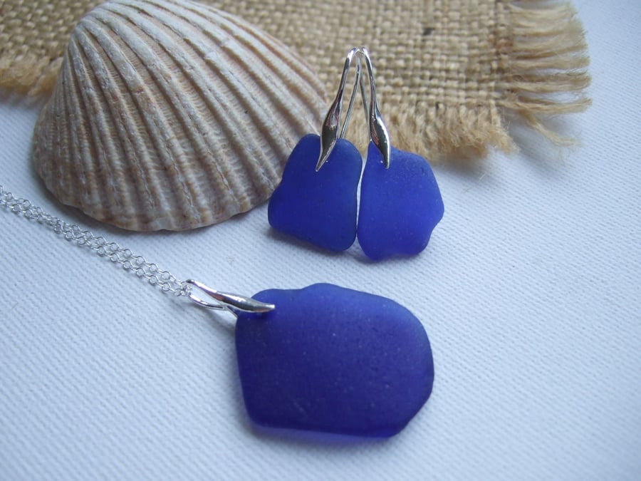 Scottish blue sea glass earring and necklace set, sterling silver jewellery set