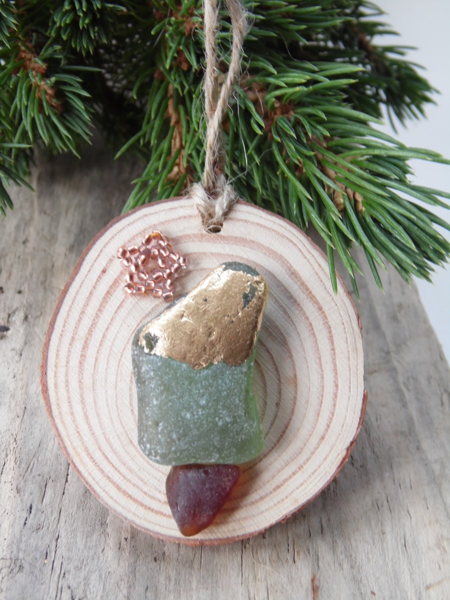 Sea Glass Gold Foil Christmas Tree Copper Beaded Star Christmas Decoration T111