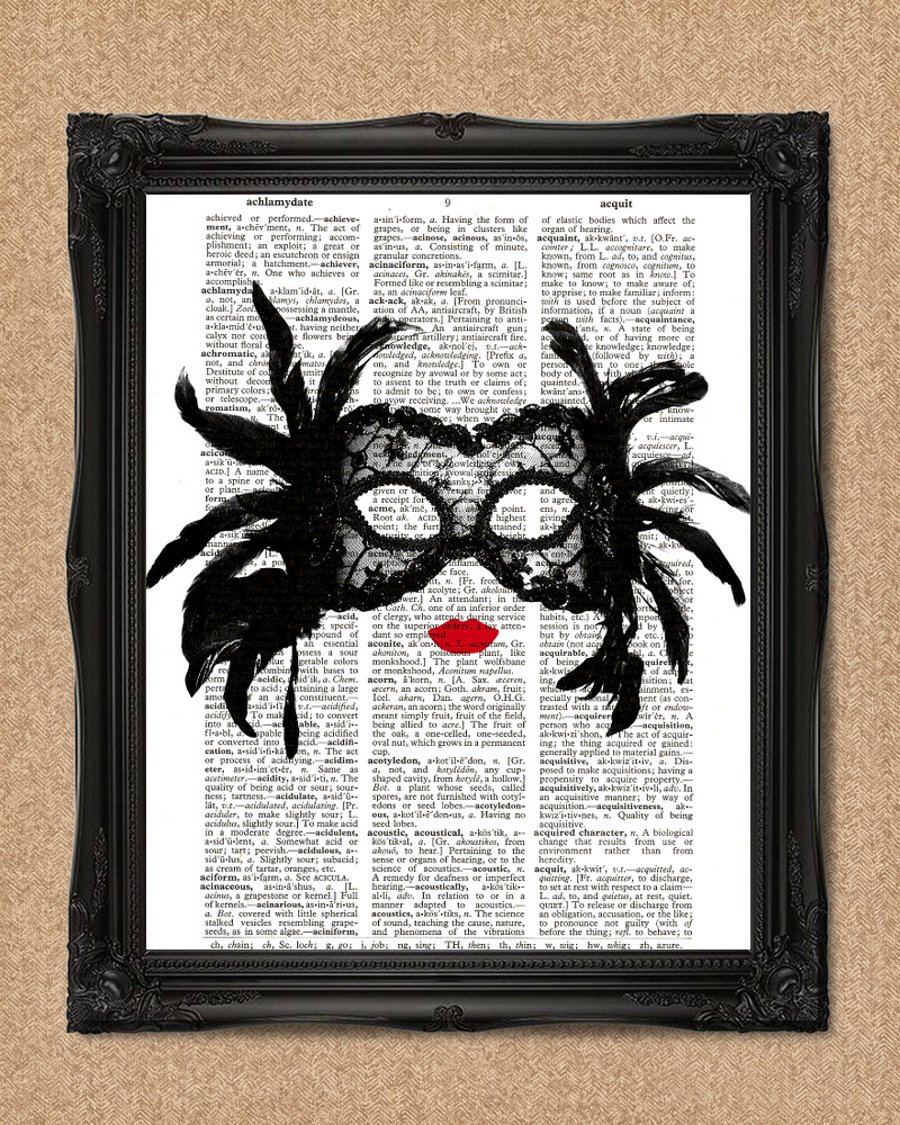 BURLESQUE MASK DICTIONARY PRINT feathers and lace masquerade mask A065D