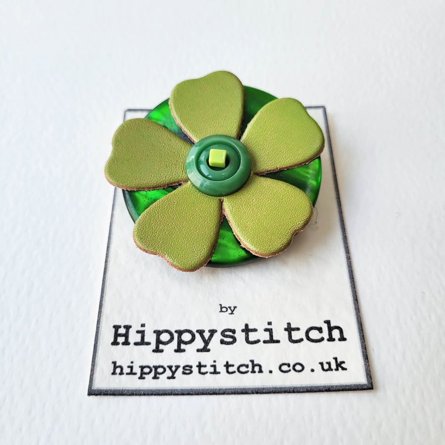 Lime Green Leather Flower & Green Button Brooch 