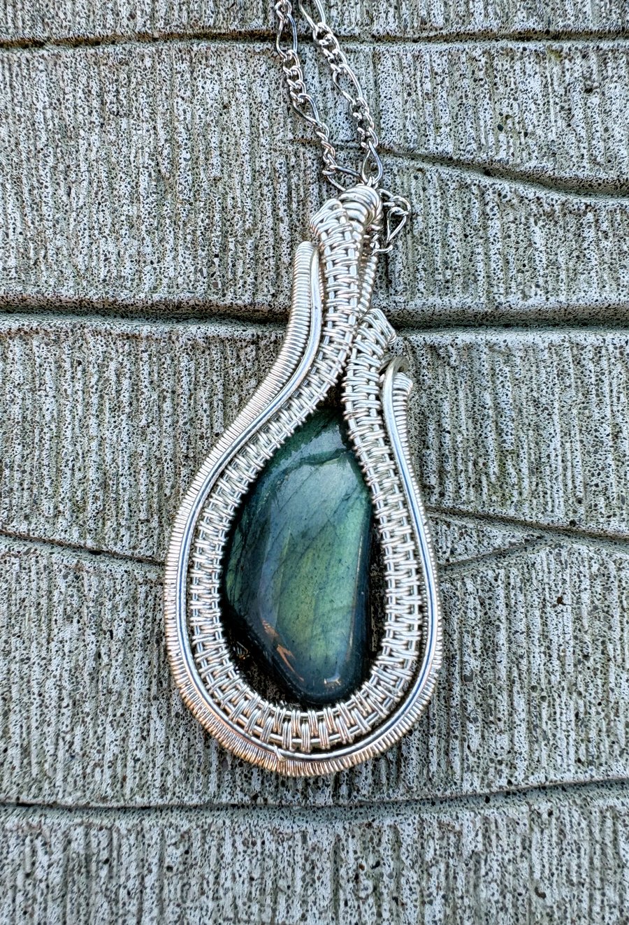 Silver wire wrapped Labradorite teardrop pendant