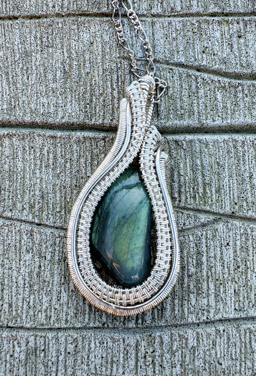 Silver wire wrapped Labradorite teardrop pendant