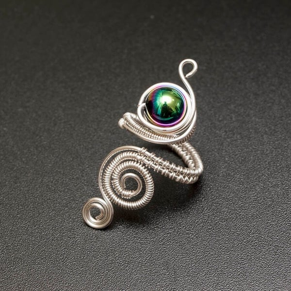 Silver wire rainbow coated  agate ,copper ring-adjustable, 
