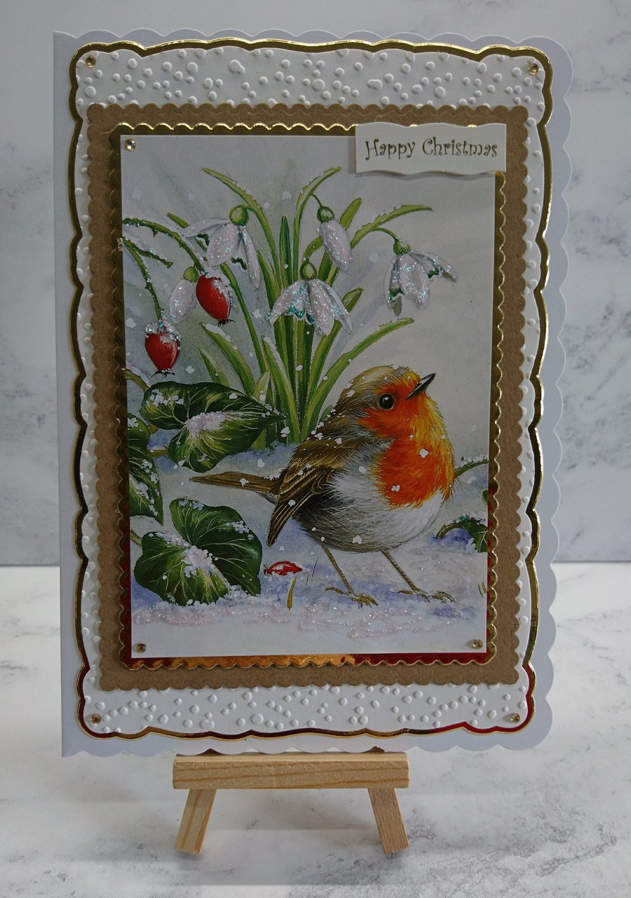 Christmas Card Happy Christmas Robin Garden Snowdrops 3D Luxury Handmade