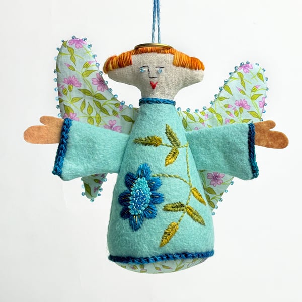 Blue felt hanging angel with hand embroidered marigold