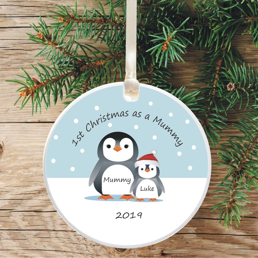 First Christmas As A Mummy Personalised Penguin Christmas Tree Decoration