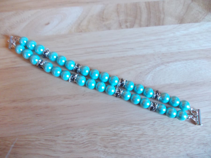 Teal shell pearl double strand bracelet