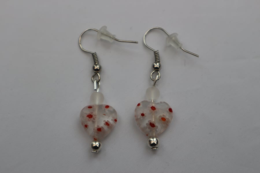 Silver plated beaded earrings- white and red millefiori heart