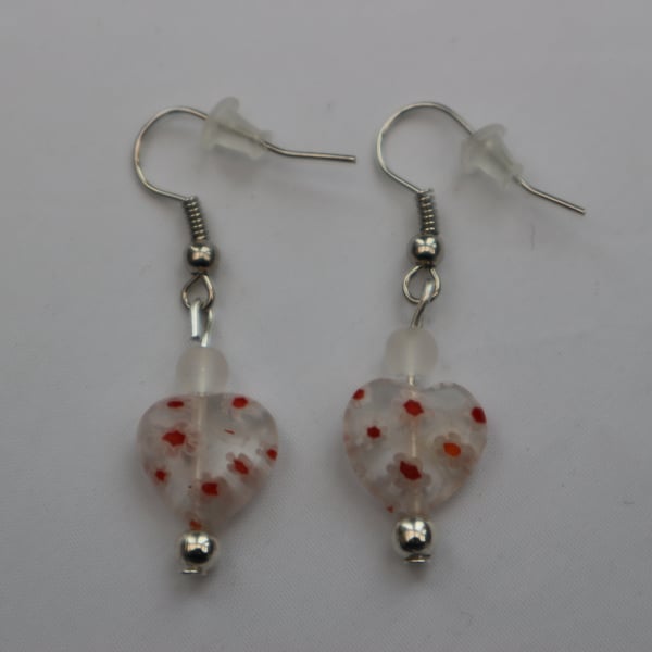 Silver plated beaded earrings- white and red millefiori heart
