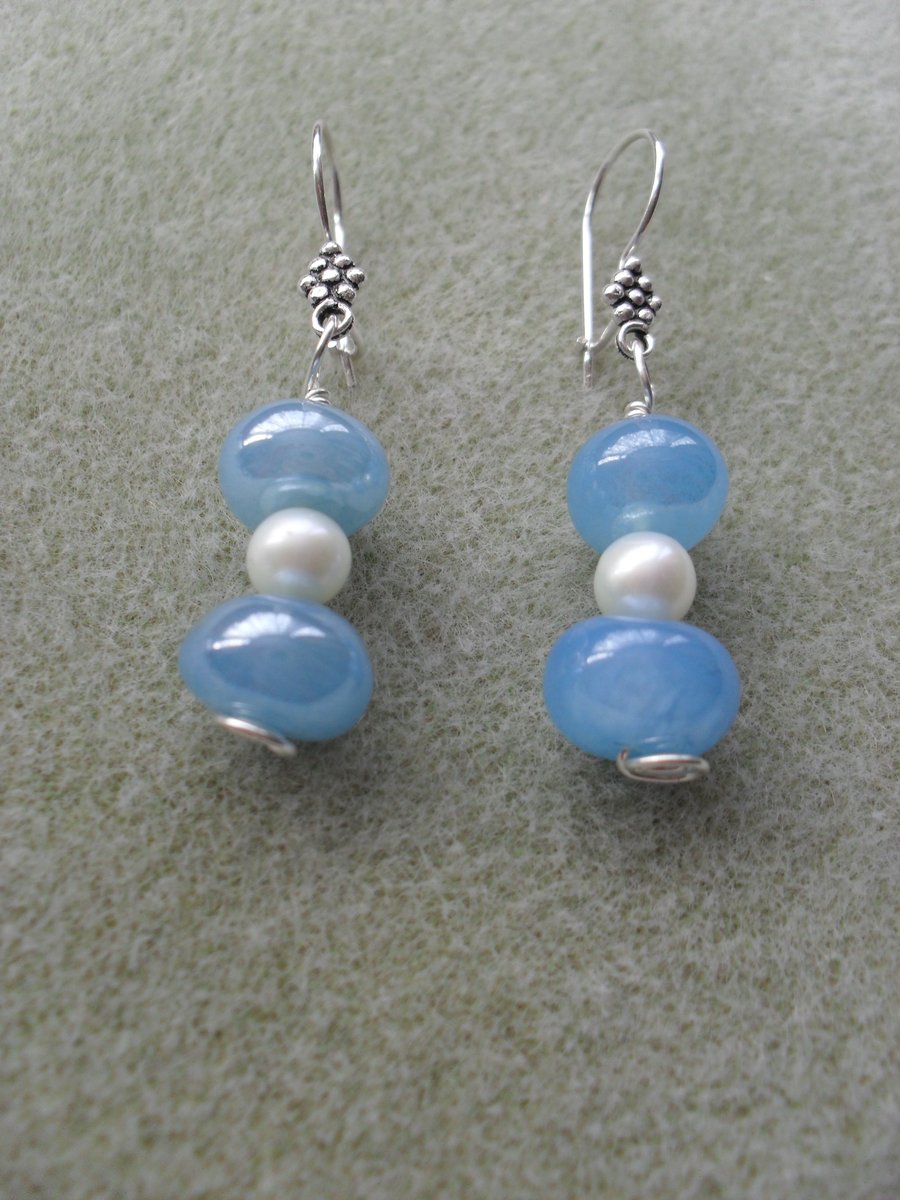 Sterling Silver Chalcedony and Pearl Earrings